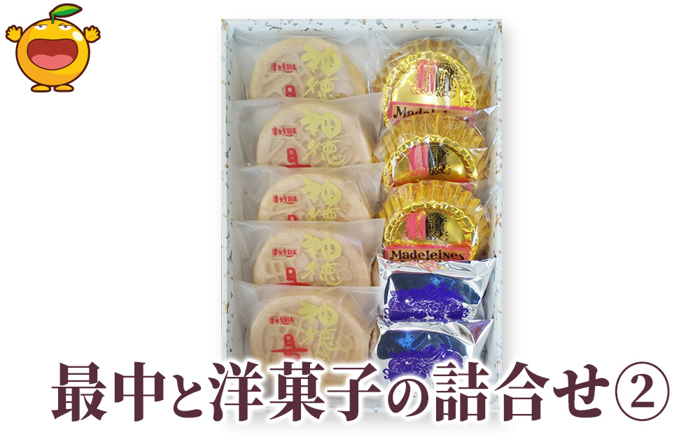 最中と洋菓子の詰合せ2 (神徳の最中・マドレーヌ・フルーツケーキ) もなか 最中 粒あん こし餡 マドレーヌ フルーツケーキ 洋菓子 和菓子 茶菓子 詰め合わせ ギフト 大分県産 九州産 津久見市 熨