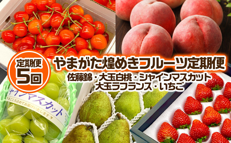 
                  【定期便5回】やまがた 煌めきフルーツ定期便(佐藤錦・大玉白桃・シャインマスカット・大玉ラ・フランス・いちご) 【令和8年産先行予約】FU23-845 くだもの 果物 フルーツ 山形 山形県 山形市 2026年産
                