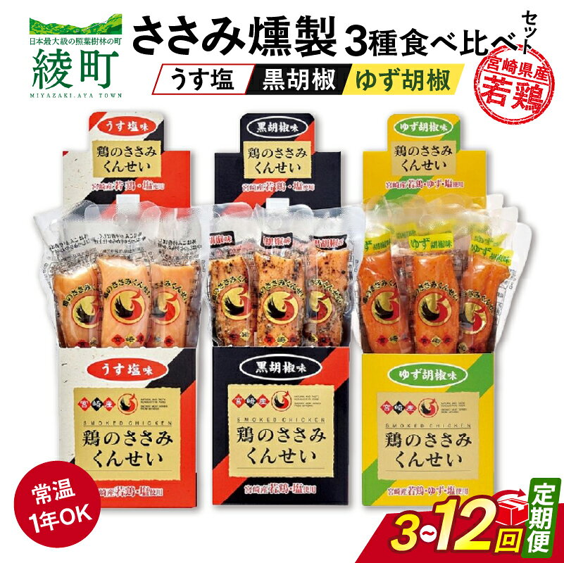 【ふるさと納税】選べるお届け回数！鶏のささみくんせい 3種 30本 うす塩 黒胡椒 ゆず胡椒 3回 6回 12回 隔月6回 ささみ燻製 燻製 鶏肉 高タンパク 低脂肪 筋トレ飯 おつまみ おやつ スモークチキン サラダ パスタ 国産鶏 若鶏 常温保存 食品 グルメ 宮崎県 綾町 送料無料