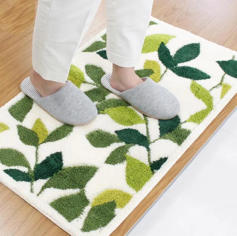玄関マット リーフグリーン 50×80cm ホワイト 室内 洗える 日本製 ウィルトン織り すべり止め