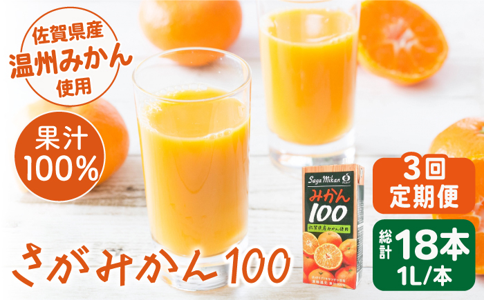 
＜全3回定期便＞ 【佐賀県産温州みかん使用】さがみかん100　総計18本（1L×6本）【JAさが 杵島支所】果汁100% 濃縮還元 [HAM040]
