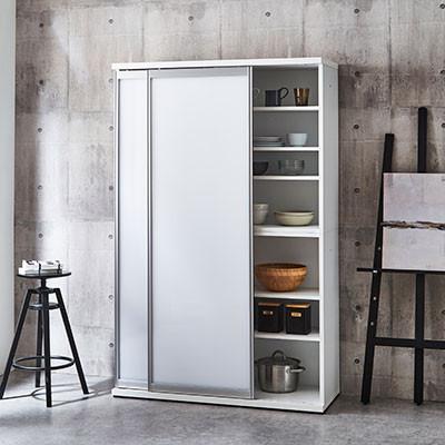 ふるさと納税 大川市 幅114cm引き戸食器棚 ポエム【カラー:ホワイト、扉ガラス:プレミアムホワイト】