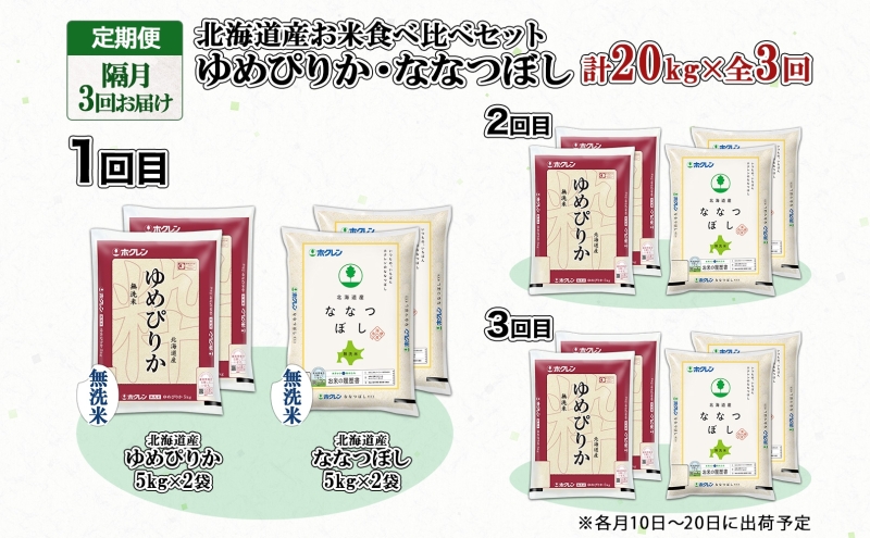 定期便 隔月3回 北海道産 ゆめぴりか ななつぼし 食べ比べ セット 無洗米 5kg 各2袋 計20kg 米 特A 白米 お取り寄せ ごはん ブランド米 ようてい農業協同組合 ホクレン 送料無料 北海