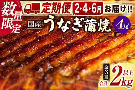 【2025年1月31日受付終了】＜数量限定＞うなぎ 定期便 国産 鰻 蒲焼 4尾セット 隔月定期便（2025年2月,4月,6月お届け）全3回 合計2kg以上 魚介 贈答品 ギフト ウナギ 期間限定 鰻楽【E193-25】