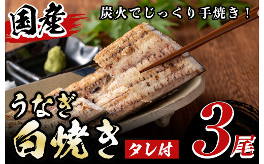 y082 国産！うなぎ白焼き(3尾・タレ付き) 国産 九州産 鰻 ウナギ 無頭 魚 魚介類 かばやき 蒲焼 蒲焼き しろやき 白焼 おかず 特産品 お土産 ギフト プレゼント 冷蔵【尾方屋】
