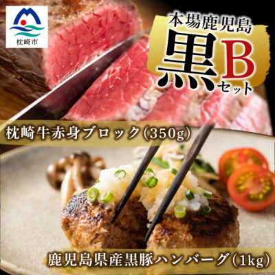 【本場鹿児島 黒のセットB】黒豚ハンバーグ 1kg・枕崎牛 赤身ブロック 350g  C0−42【配送不可地域：離島】【1166702】