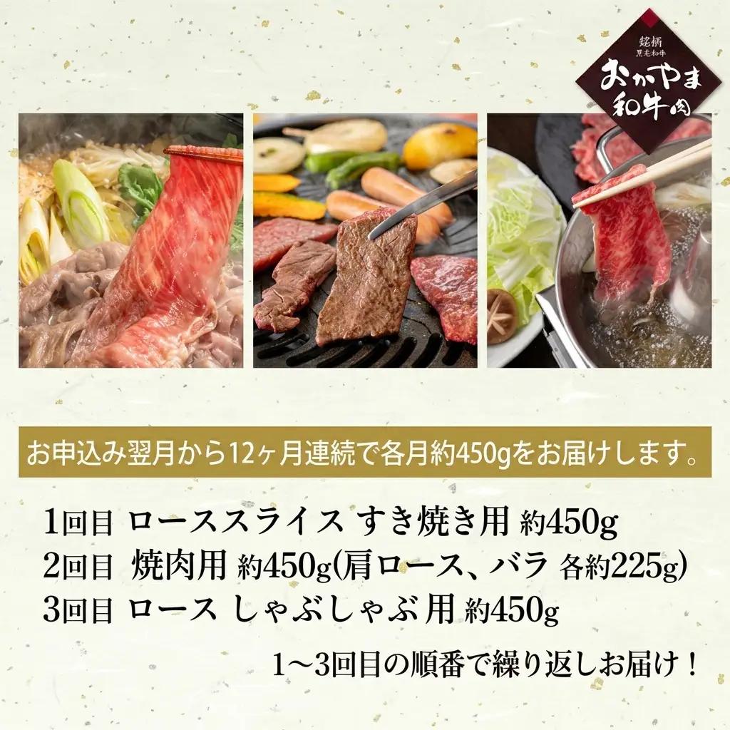 定期便 12ヶ月 おかやま 和牛肉 A4等級以上 食べ比べ 毎月 約450g×12回 牛肉