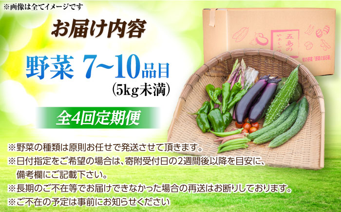 【4回定期便】　旬野菜セット7～10品目（五島列島産）5kg未満　五島市/やぁしゃ便 [PBG009]