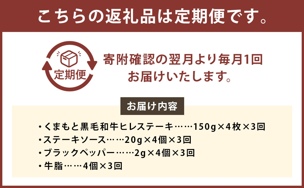 【3ヶ月定期便】くまもと黒毛和牛ヒレステーキ 600g（150g×4枚）