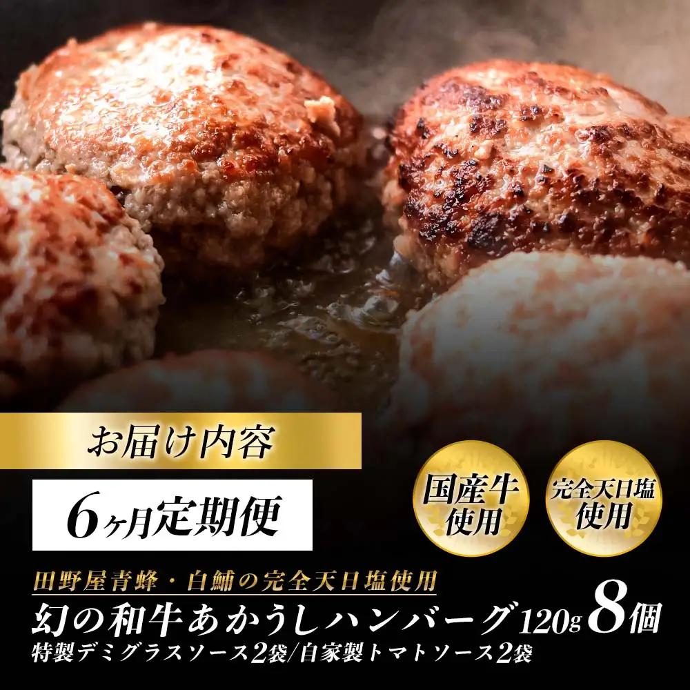 幻のあかうし和牛ハンバーグ 8個入り 6ヶ月定期便 1個120g 特製デミソース トマトソース付き 田野屋青蜂 白鯆 完全天日塩練り込み 
