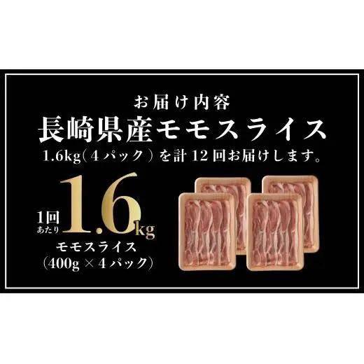 【12回定期便】 長崎県産 豚肉 モモスライス 1.6kg (400g×4) 総計19.2kg 定期便 小分け 冷凍 豚肉 しゃぶしゃぶ すき焼き ぶたにく 国産豚 12回 定期便 