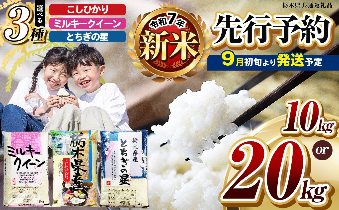 
            【栃木県共通返礼品】【令和7年度産新米】チョイス限定 栃木県産 こしひかり ミルキークイーン とちぎの星 10kg、20kg  | ９月発送 ふるさと 納税 コシヒカリ お米 精米 白米 玄米 大粒 共通返礼品 送料無料 那珂川町 栃木県
          