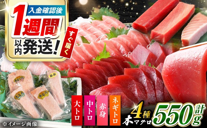 
                  【1週間以内発送】対馬産 本マグロ 4種 計550g（赤身/中トロ/大トロ/ネギトロ）《対馬市》【対海】[WAH003] マグロ まぐろ 鮪 本鮪 本マグロ 養殖 国産 トロ 中トロ 中とろ 大トロ 大とろ 赤身 ネギトロ ねぎとろ セット 刺身 冷凍 海鮮 魚 柵 贈答 時間指定 スピード発送 最速発送 最短発送
                