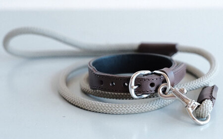 牛革で作った小型犬用の首輪とリードのセット ＜21.5cm～27.5cm＞ ブラウン 首輪 リード 牛革 本革 ペット用品 ペットグッズ 犬用品 お散歩グッズ 小型犬【トリノネストア】sh103-B