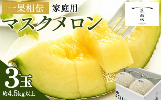 マスクメロン家庭用 3玉入り 一果相伝 果物 くだもの フルーツ めろん 青肉 デザート スイーツ ご自宅用 ジューシー 果汁 芳醇 幸せ 至福 美味しい 甘い あまい 篤農 産地直送 高知県 香南市 常温 tn-0029