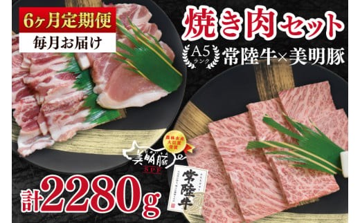 
                  【6ヶ月定期便】【常陸牛 A5ランク・美明豚焼肉セット】常陸牛カルビ180ｇ＋美明豚200ｇ（ロース100ｇ・ばら100ｇ） 冷凍 国産牛 和牛 牛肉 豚肉 ブランド豚 茨城県 水戸市 食べ比べ セット商品 国産 BBQ 老舗精肉店（EK-22_2）
                
