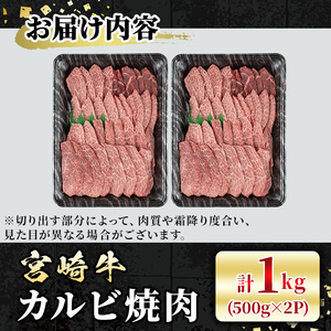 宮崎牛 カルビ焼肉(1kg・500g×2P) 牛肉 肉 ブランド牛  冷凍 国産 精肉 お取り寄せ 黒毛和牛 宮崎県 BBQ【LJ011】【レグセントジョイラー株式会社】