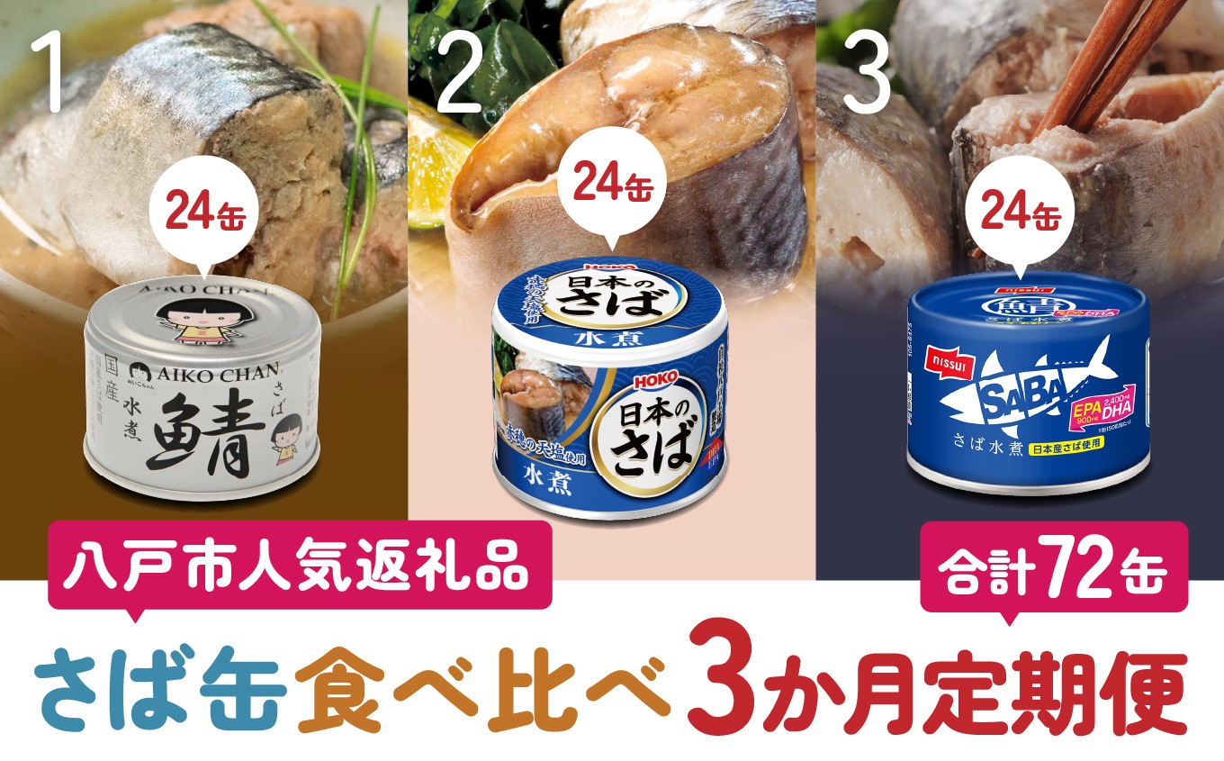 
                  八戸市 人気返礼品 さば水煮缶食べ比べ ３か月定期便 24缶 3種セット 合計72缶 あいこちゃん 銀の鯖水煮 日本のさば nissui SABA 鯖 サバ 鯖缶 サバ缶 惣菜 おかず おつまみ 缶詰 缶詰め 缶づめ 非常食 保存食 長期保存 青森県 八戸市
                