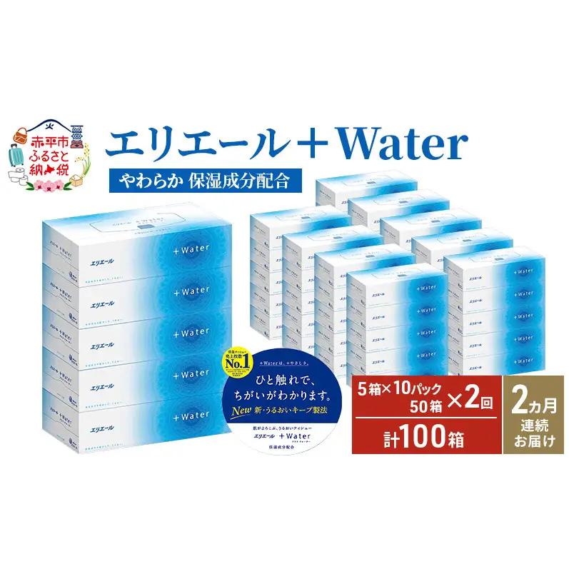ティッシュ エリエール ＋Water【100箱 180組5箱×10P】【2回定期便】