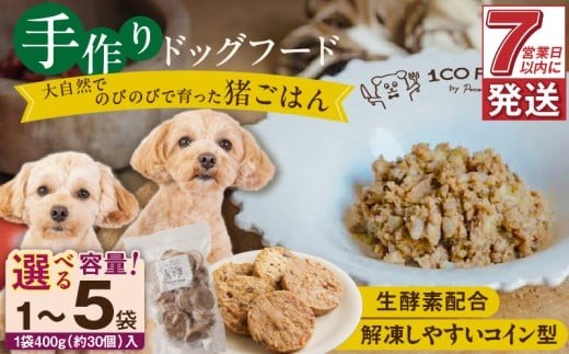 
                  【選べる】1cofood　手作りドッグフード　猪ごはん　400g×1袋～5袋_ドッグフード 手作り 猪ごはん 選べる 内容量 400g × 1袋 ～ 5袋 1cofood 鉄分 亜鉛 ビタミンB12 ジビエ 猪肉 国産野菜 フルーツ 生酵素 オリーブオイル 海藻 コイン型 ペット 冷凍 福岡県 久留米市 送料無料_Pf030-sku
                