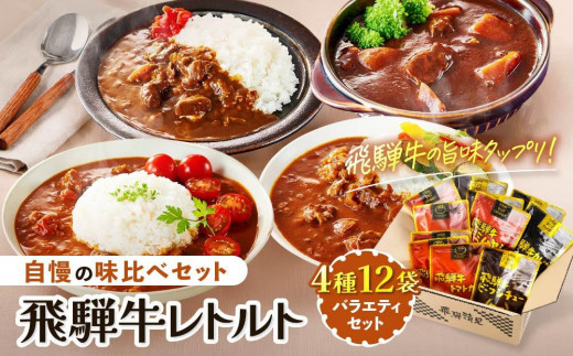 訳あり 飛騨牛レトルト４種１２袋！ バラエティセット 飛騨牛 肉 牛 カレー ビーフカレー トマトカレー ビーフシチュー デミハヤシ レトルト 12袋 簡易包装 レトルトカレー ご当地カレー おいしい 便利 飛騨高山 ふるさと清見21 DC002VC13
