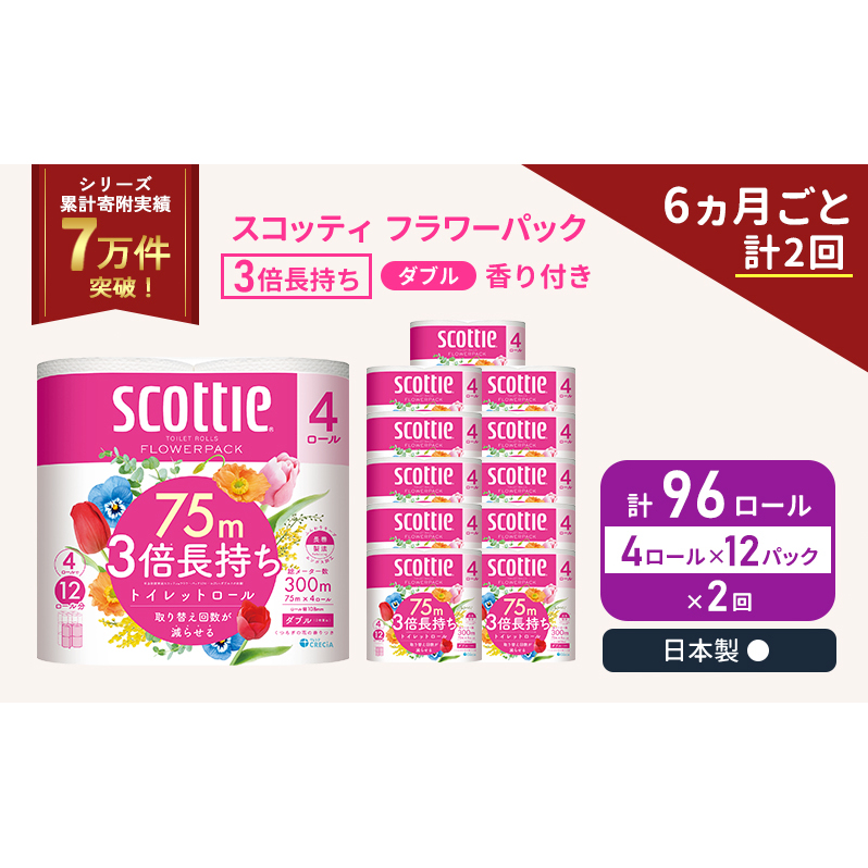 定期便 トイレットペーパー ダブル スコッティ 3倍長持ち 4ロール入 × 12パック フラワーパック 香り付き 《 6ヶ月ごと 計  2回 》