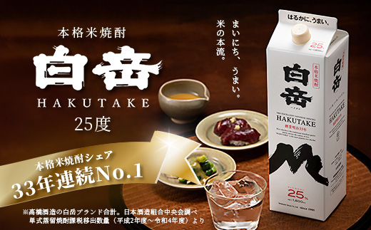 【定期便 3回配送】本格米焼酎 「白岳パック」 1800ml × 6本 × 3回配送 【総合計 32.4リットル】≪ 減圧蒸留 まろやか お湯わり 水わり しょうちゅう お酒 美味しいお酒 紙パック 
