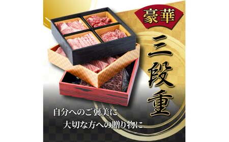 <2025年11月発送分> 宮崎牛旨さ!!牛ぎゅ~詰め三段重 合計690g 赤身モモ肉ステーキ、霜降り肩ローススライス、焼肉4種食べ比べ