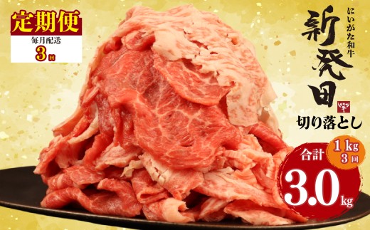 【定期便】 切り落とし 1kg×3回 計3kg 新発田牛 黒毛和牛 霜降り 和牛 ブランド牛 国産 しゃぶしゃぶ 小間切れ 小分け 贈答 お歳暮 新潟 新発田 新潟県 新発田市 近江牛 神戸牛 松阪牛 米沢牛 三大和牛 に負けない えのもとミート enomoto029