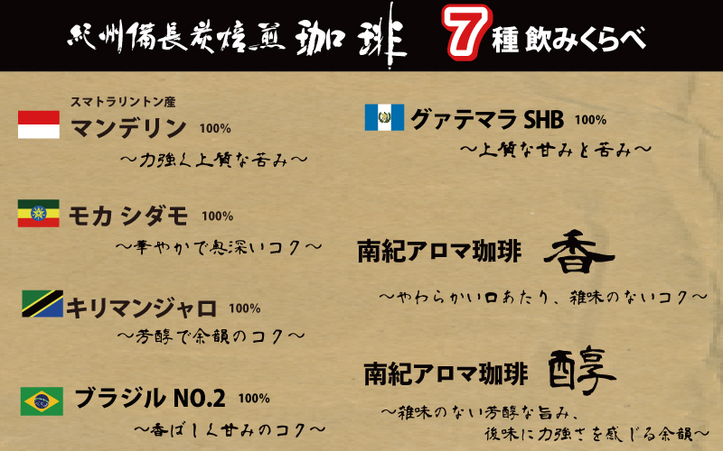 紀州備長炭焙煎飲みくらべ  豆 700g  (100g×7袋)  / 田辺市 珈琲 コーヒー 中挽きコーヒー リントン産マンデリン キリマンジャロ  モカシダモ 飲み比べ 選べる 【mor007-2-