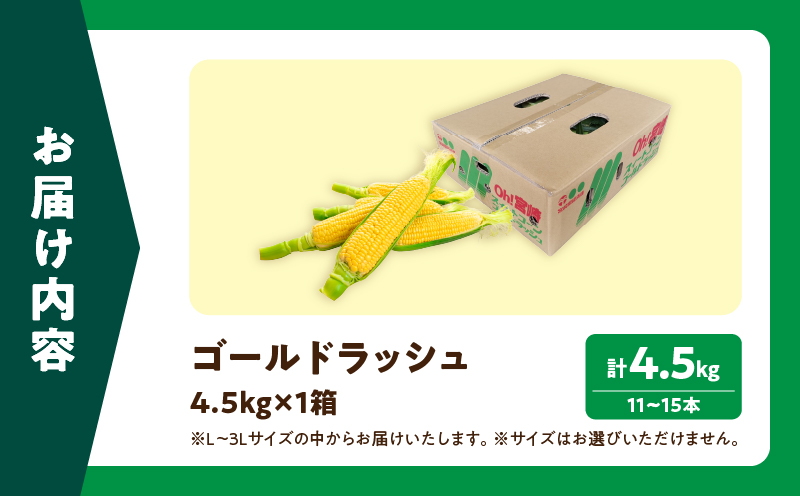 先行予約 スイートコーン ゴールドラッシュ 計4.5kg 国産 食品 野菜 品種 とうもろこし トウモロコシ とうきび 大粒 甘い おやつ 食べ方 簡単 レンジ 保存方法 冷蔵 11～15本 L～3L