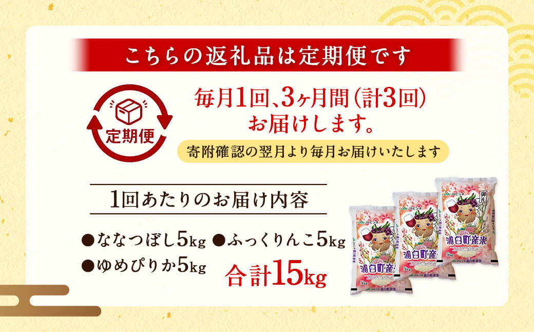 【3回定期便】お米3ヶ月食べくらべセット《浦臼産 ななつぼし ふっくりんこ ゆめぴりか 各5kg（計15kg）》