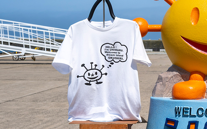 うにまるTシャツ (モノクロデザイン) ホワイト Lサイズ 奥尻島 ゆるキャラ ご当地 マスコット キャラクター うにまる 白 黒 メンズ レディース ユニセックス ご当地T キャラT Tシャツ 半袖 シンプル ベーシック | 北海道 奥尻町 送料無料