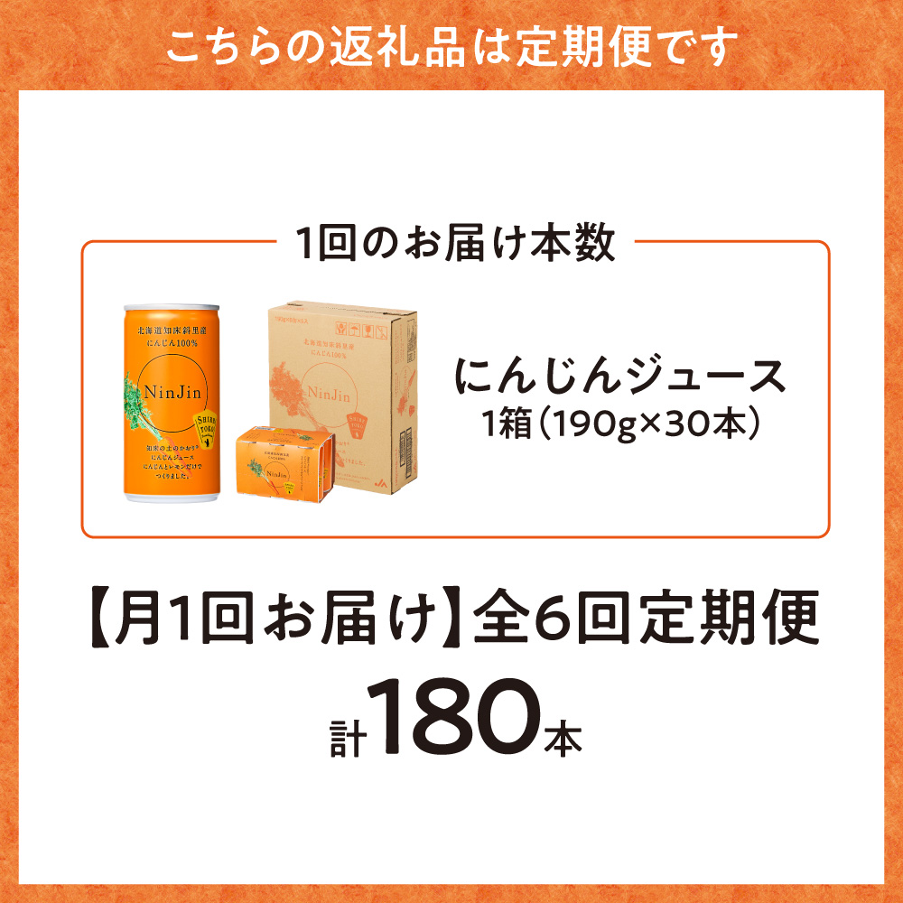 【毎月定期便】にんじんジュース (190g×30本) 無添加 北海道産 人参 野菜ジュース 全6回_ss03-005