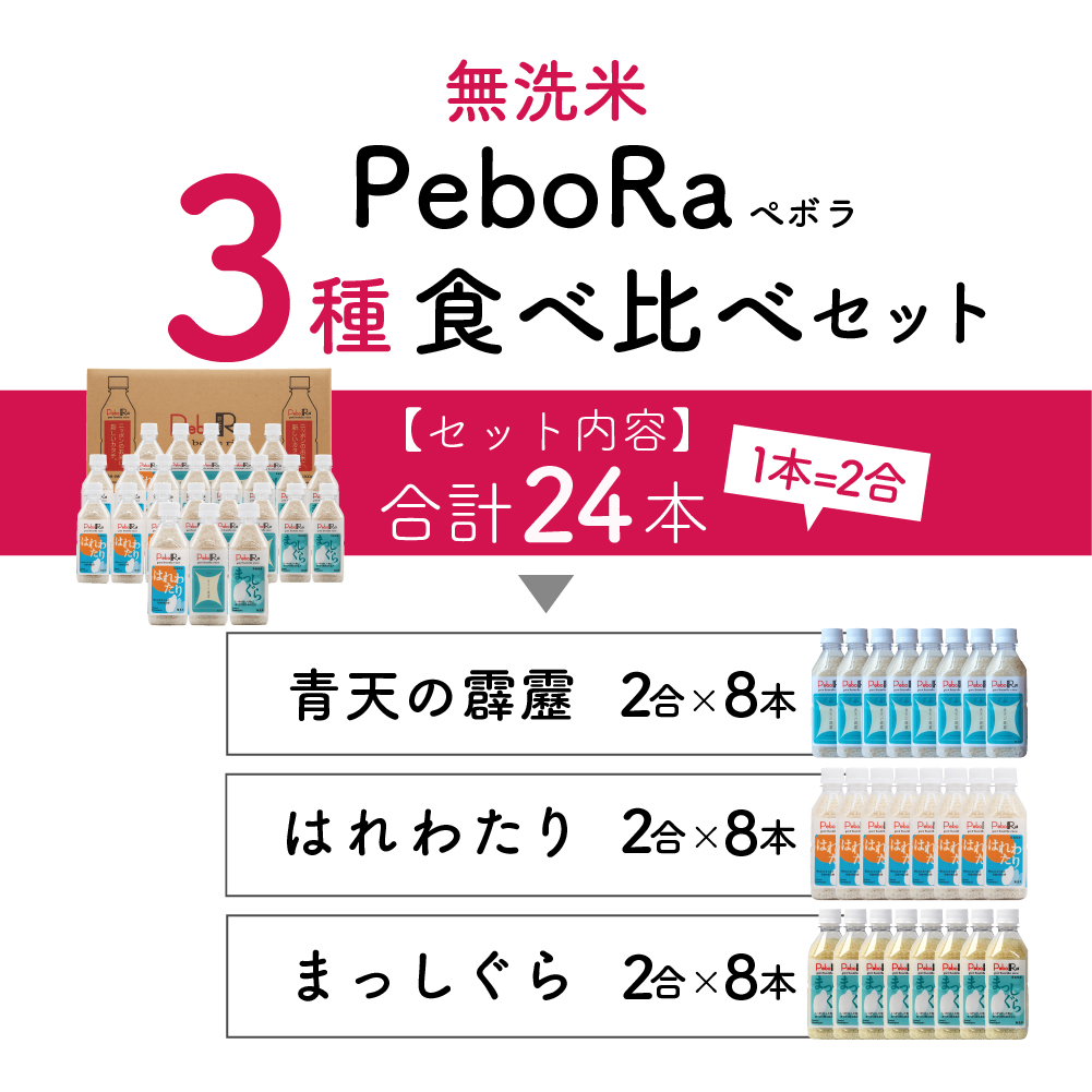人気の青森県産米 PeboRa 食べ比べ24本セット【青天の霹靂・はれわたり・まっしぐら】（無洗米・2合×24本）