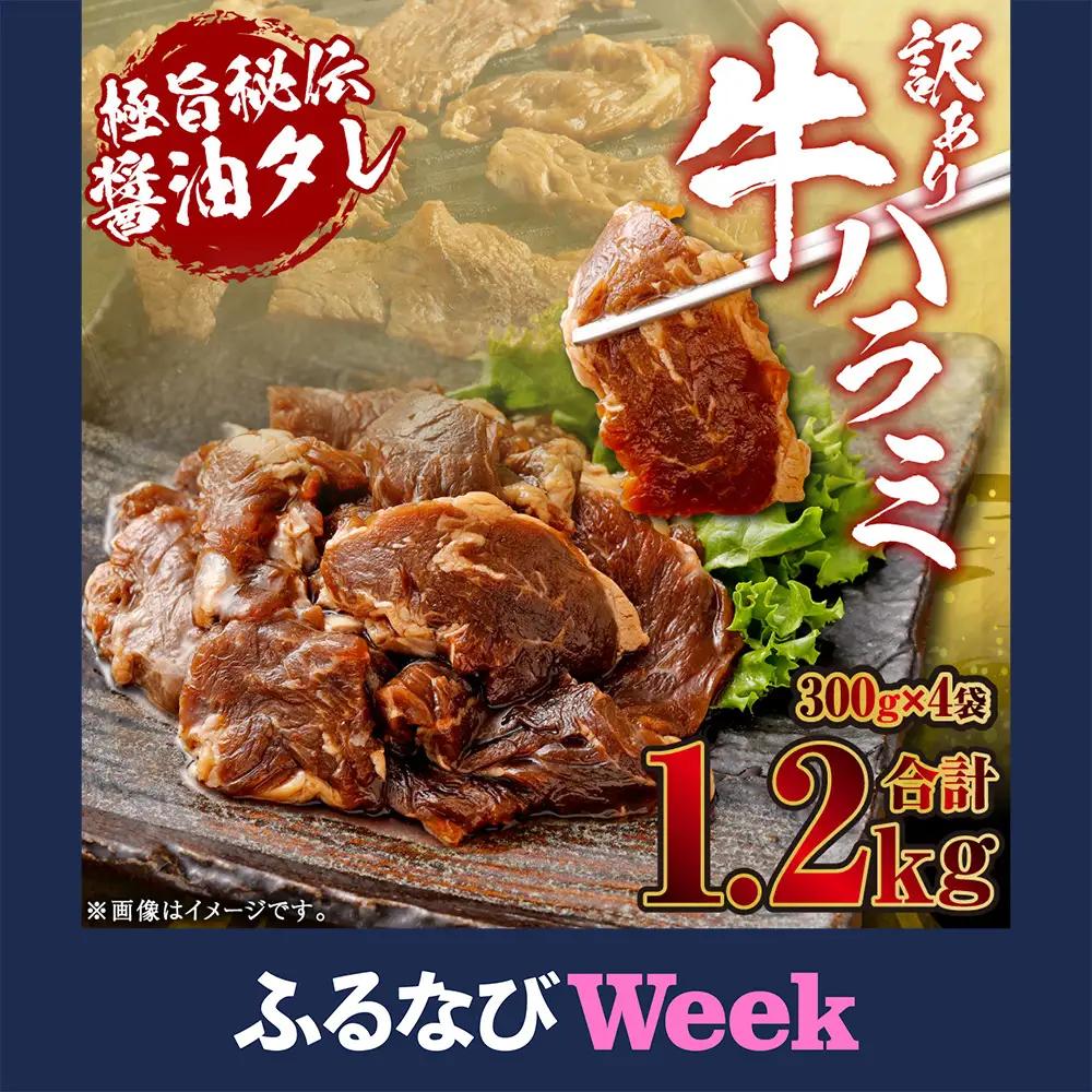 【ふるなびWEEK対象】やわらか牛ハラミ(サガリ)肉　極旨秘伝醤油タレ漬け1.2kg(300g×4袋)【訳あり】ハラミ 牛肉 ASF-0134