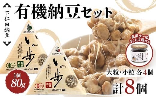 ママなんちゃんシリーズセット3（有機納豆いっ歩　大粒・小粒各4個・高菜ラー油きくらげ瓶１瓶） 群馬県 下仁田町 国産 食比べ たべくらべ ご飯のお供 タレ付き F21K-652