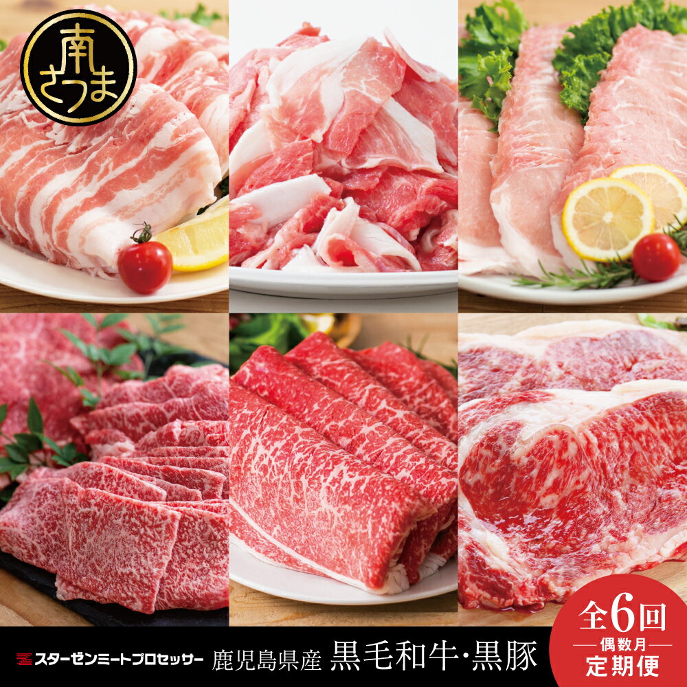 【ふるさと納税】定期便 スターゼン厳選お肉の定期便（鹿児島県産黒毛和牛・黒豚）全6回 偶数月 - 国産 黒毛和牛（ サーロインステーキ/赤身焼肉/ももスライス）鹿児島県産 黒豚 (ロースしゃぶしゃぶ/切り落とし/豚バラスライス) 小分け 冷凍 スターゼン 送料無料