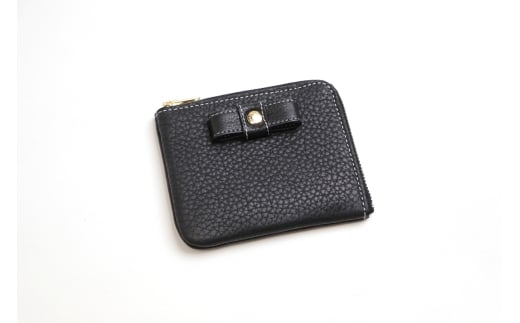 リボン付きL型小銭入れ ネオブラック｜コインケース 小銭入れ レディース 革 リボン L型 L字 小型 コンパクト 薄型 カード お札 財布 革財布 本革 レザー 革職人 デュアルライン [1249]