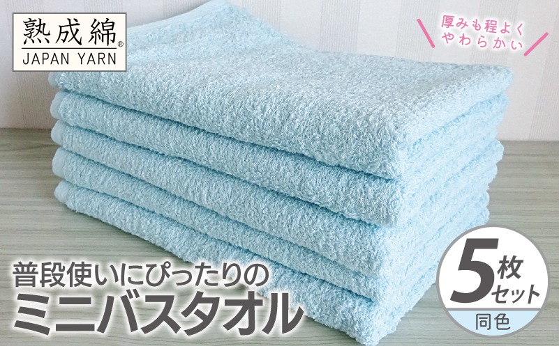 G2273 普段使いにぴったりのミニバスタオル 5枚【アクアブルー 泉州タオル 高品質 綿100％ 日本製 国産 単色 シンプル】