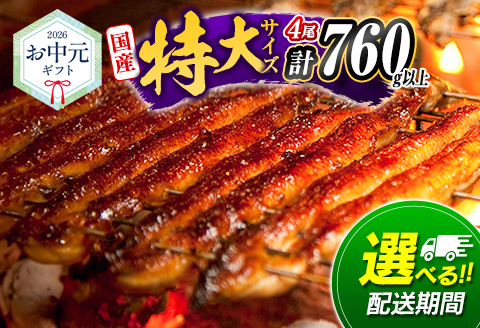 ［8月1日〜8月15日にお届け］お中元専用 うなぎ 鰻楽 国産 特大4尾 蒲焼 無頭 計760g以上 高評価 人気 おすすめ 冷凍 簡単調理 個包装 鰻 魚介 贈答品 ギフト 贈り物【N79】 4尾［