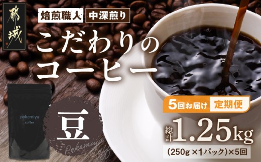 
5回お届け!焙煎職人こだわりのコーヒー定期便【豆】250g 小分けパック(ジッパー・バルブ付) ※中深煎り※_TLA5-3302_(都城市) コーヒー豆 焙煎 豆 ジッパー バルブ付
