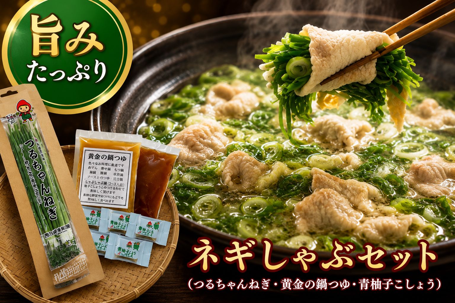 ネギしゃぶセット(つるちゃんねぎ・黄金の鍋つゆ・青柚子こしょう) 野菜 葱 ねぎ 調味料 鍋の素 手作り ゆずこしょう 柚子胡椒 薬味 鍋 しゃぶしゃぶ 九州産 中津市 熨斗対応可