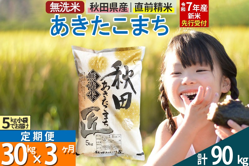 【無洗米】＜令和7年産 新米予約＞《定期便3ヶ月》秋田県産 あきたこまち 30kg (5kg×6袋) ×3回 30キロ お米【お届け周期調整 隔月お届けも可】 新米|02_snk-031003s