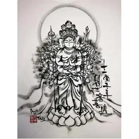 手描きTシャツ 仏画 十一面千手観音 白 (半袖 Mサイズ)【1615158】