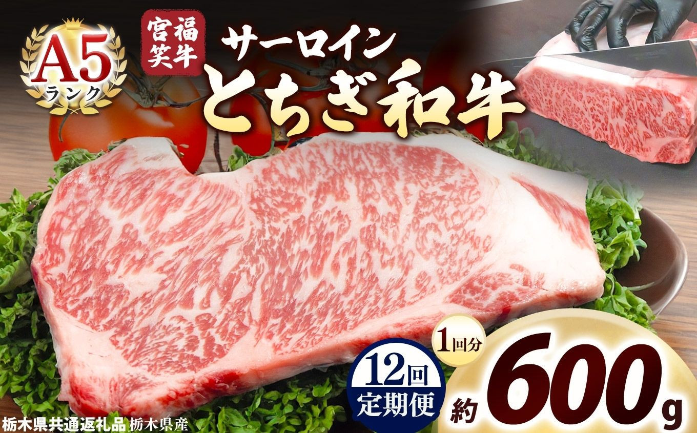 [定期便12回]宮福笑牛(とちぎ和牛) A5 サーロインステーキ 200g×3枚｜数量限定 黒毛 和牛 お肉 栃木県共通返礼品 栃木県産 600g | 定期便12回