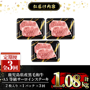 a853-E ≪A5等級≫鹿児島県産黒毛和牛サーロイン2枚入り(3回定期便) ギフト箱入り【水迫畜産】姶良市 国産 牛肉 ステーキ ステーキ肉 和牛