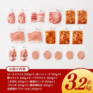 宮崎県産豚肉「まるみ豚」 詰め合わせセット計3.2kg 【 肉 豚肉 国産 こま切れ ハンバ―グ 生姜焼き 弁当 おかず お手軽 真空パック バラ ロース モモ ミンチ 挽肉 九州産 宮崎県産 川南町