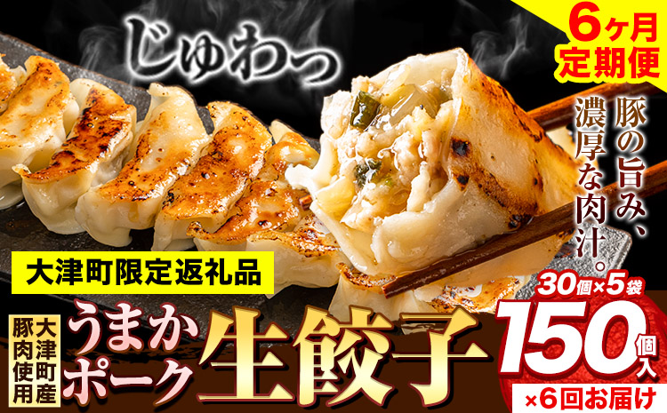 餃子 うまかポーク生餃子 150個【6ヶ月定期便】 タレ付き 大津町限定返礼品 冷凍餃子 ギョウザ《お申込み月の翌月から出荷開始》大津町産豚肉使用 九州産キャベツ使用（大津町産含む）皮モチモチ 肉汁溢れる ぎょうざ（30個×5袋）