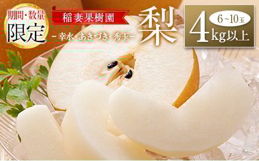 
            ＜期間・数量限定＞稲妻果樹園の『梨』4kg以上（幸水・あきづき・秀玉のいずれか）宮崎県新富町産【B507-2025】
          